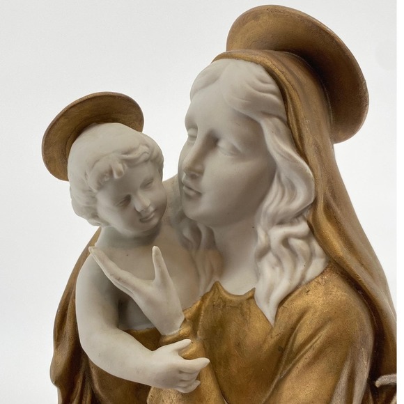 Mid Century Madonna and Child 3D Wall Plaque Bisque Ceramic Religious Art Decor